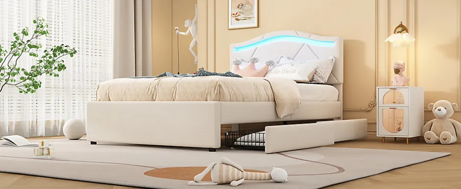 Simple Life Lit rembourré 90x200cm beige avec télécommande LED, tête réglable et 2 tiroirs, style minimaliste