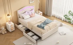 Simple Life Lit rembourré 90x200cm beige avec télécommande LED, tête réglable et 2 tiroirs, style minimaliste