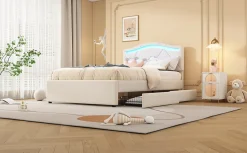 Simple Life Lit rembourré 90x200cm beige avec télécommande LED, tête réglable et 2 tiroirs, style minimaliste