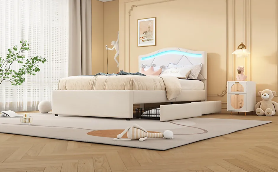 Simple Life Lit rembourré 90x200cm beige avec télécommande LED, tête réglable et 2 tiroirs, style minimaliste