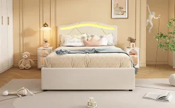 Simple Life Lit rembourré 90x200cm beige avec télécommande LED, tête réglable et 2 tiroirs, style minimaliste