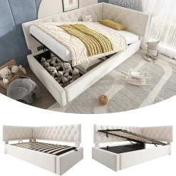 Blackcolors Lit rembourré 90x200cm, canapé-lit, rangement hydraulique, velours beige, sans matelas Online