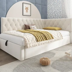 Blackcolors Lit rembourré 90x200cm, canapé-lit, rangement hydraulique, velours beige, sans matelas Online