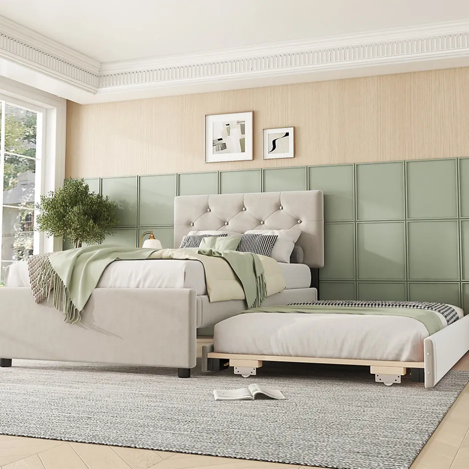 Simple Life Lit rembourré 90x200cm en velours beige avec sommier, tiroir de rangement, design minimaliste