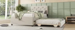 Simple Life Lit rembourré 90x200cm en velours beige avec sommier, tiroir de rangement, design minimaliste