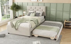 Simple Life Lit rembourré 90x200cm en velours beige avec sommier, tiroir de rangement, design minimaliste