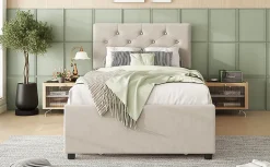 Simple Life Lit rembourré 90x200cm en velours beige avec sommier, tiroir de rangement, design minimaliste