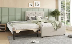 Simple Life Lit rembourré 90x200cm en velours beige avec sommier, tiroir de rangement, design minimaliste
