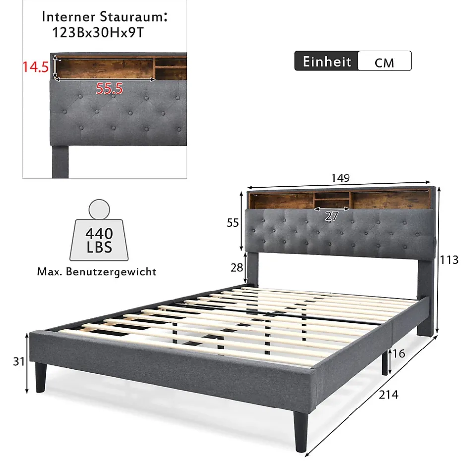 Gutent Lit rembourré 140x200cm espace de rangement tête de lit eclairage led lit cadre à lattes en bois lit double lin gris Online