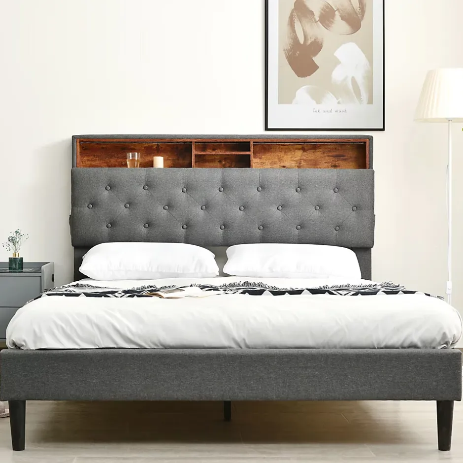 Gutent Lit rembourré 140x200cm espace de rangement tête de lit eclairage led lit cadre à lattes en bois lit double lin gris Online