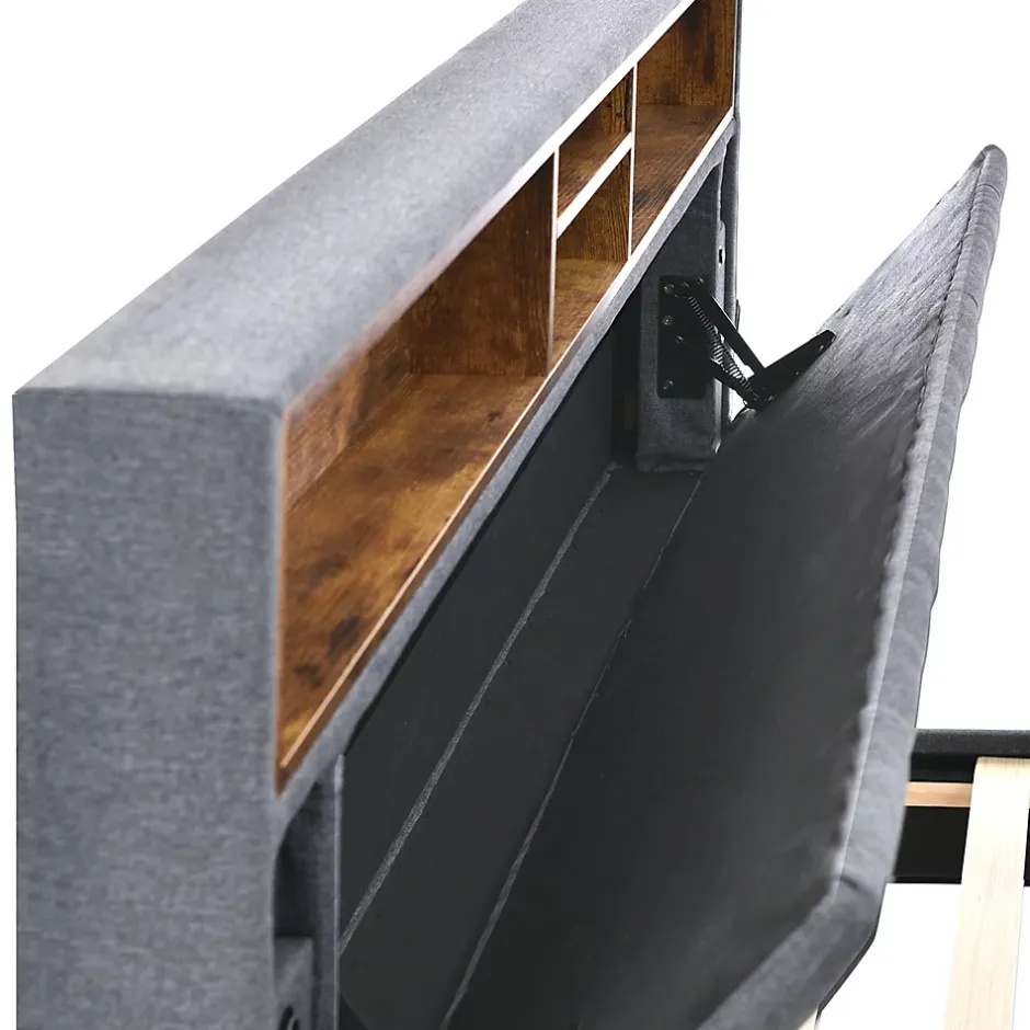 Gutent Lit rembourré 140x200cm espace de rangement tête de lit eclairage led lit cadre à lattes en bois lit double lin gris Online