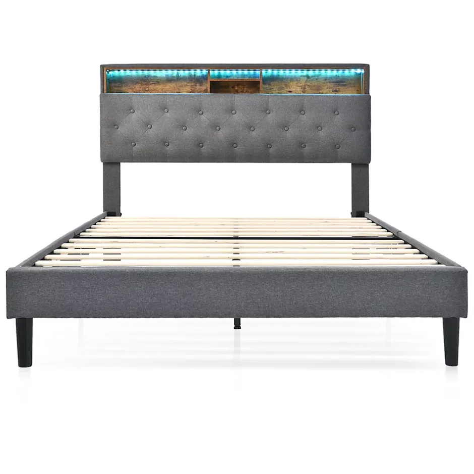 Gutent Lit rembourré 140x200cm espace de rangement tête de lit eclairage led lit cadre à lattes en bois lit double lin gris Online