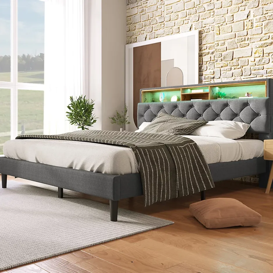 Gutent Lit rembourré 140x200cm espace de rangement tête de lit eclairage led lit cadre à lattes en bois lit double lin gris Online