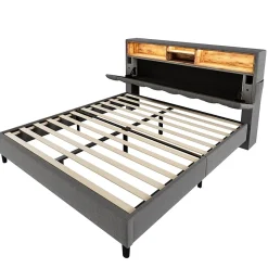 Gutent Lit rembourré 140x200cm espace de rangement tête de lit eclairage led lit cadre à lattes en bois lit double lin gris Online