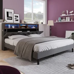 Gutent Lit rembourré 140x200cm espace de rangement tête de lit eclairage led lit cadre à lattes en bois lit double lin gris Online