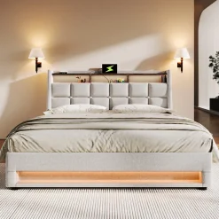 Gutent Lit rembourré 140x200cm, led lit double avec sommier à lattes métalliques, lit jeune, lin, beige (sans matelas) New