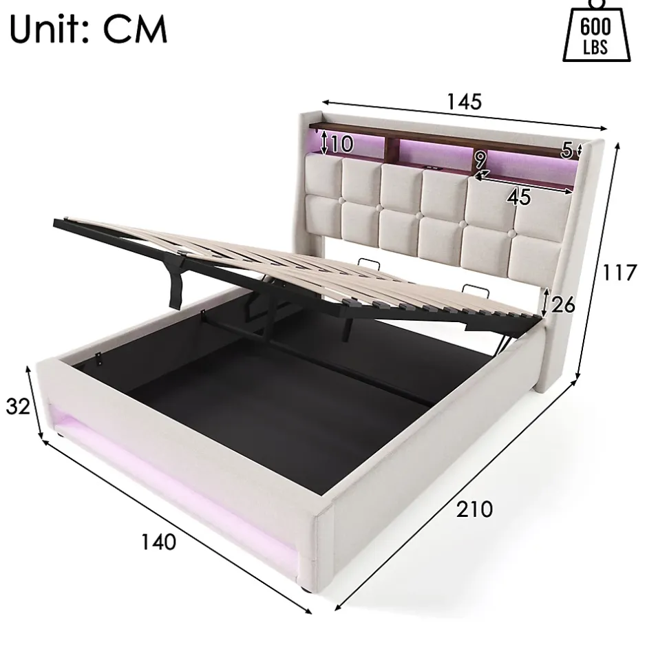 Gutent Lit rembourré 140x200cm, led lit double avec sommier à lattes métalliques, lit jeune, lin, beige (sans matelas) New