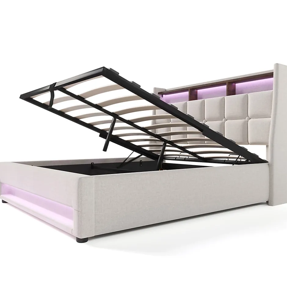Gutent Lit rembourré 140x200cm, led lit double avec sommier à lattes métalliques, lit jeune, lin, beige (sans matelas) New