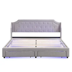 Blackcolors Lit Rembourré 180X200Cm Led Tiroirs Lin Gris