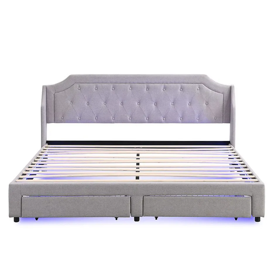 Blackcolors Lit Rembourré 180X200Cm Led Tiroirs Lin Gris