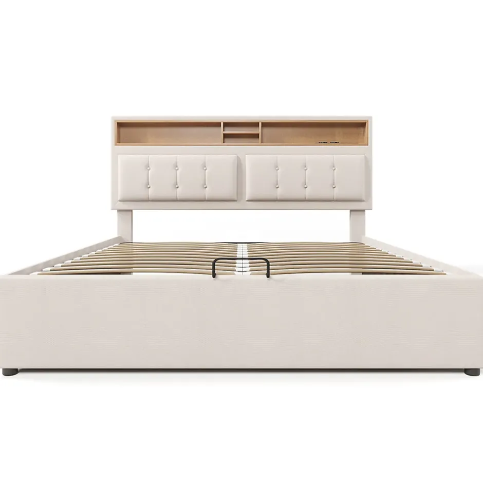 Gutent Lit rembourré 160x200cm, lit avec rangement, lit double avec fonction de recharge USB-C, tête de lit et sommier à lattes,lin,beige New