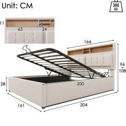 Gutent Lit rembourré 160x200cm, lit avec rangement, lit double avec fonction de recharge USB-C, tête de lit et sommier à lattes,lin,beige New
