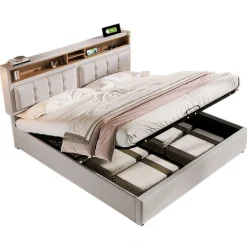 Gutent Lit rembourré 140x200cm, lit avec rangement, lit double avec fonction de recharge USB-C, tête de lit et sommier à lattes,lin,beige New