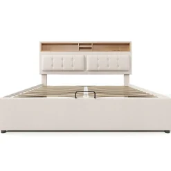 Gutent Lit rembourré 140x200cm, lit avec rangement, lit double avec fonction de recharge USB-C, tête de lit et sommier à lattes,lin,beige New