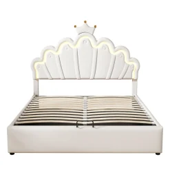 Gutent Lit rembourré 140x200cm lit de princesse éclairage d'ambiance réglable lit double pu blanc