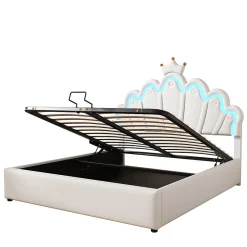 Gutent Lit rembourré 140x200cm lit de princesse éclairage d'ambiance réglable lit double pu blanc