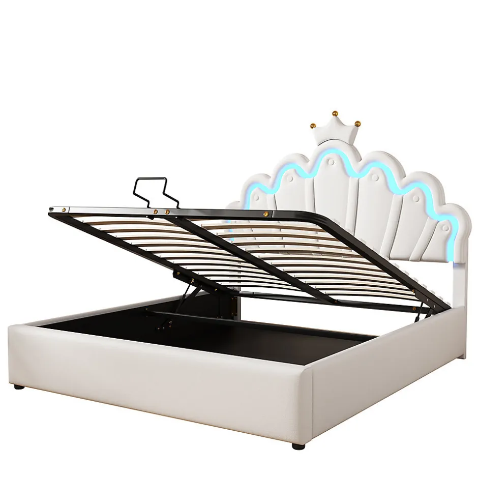 Gutent Lit rembourré 140x200cm lit de princesse éclairage d'ambiance réglable lit double pu blanc