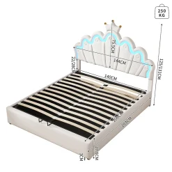 Gutent Lit rembourré 140x200cm lit de princesse éclairage d'ambiance réglable lit double pu blanc