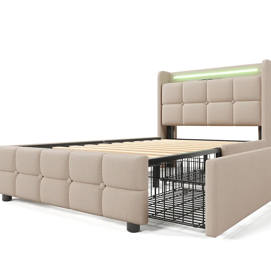 Gutent Lit rembourré 90x200cm lit de rangement lit 2 tiroirs lit éclairage led lit sommier à lattes en bois Single lin beige