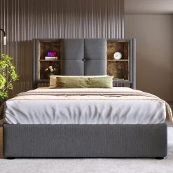 Gutent Lit rembourré 90x200cm lit de rangement lit sommier à lattes en bois avec chargement sans fil usb c Single coton gris Best