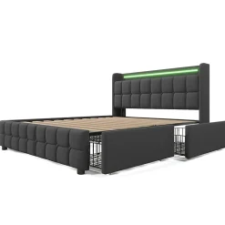 Gutent Lit rembourré 140x200cm lit de rangement lit 4 tiroirs lit éclairage led lit sommier à lattes en bois lit double lin gris Clearance