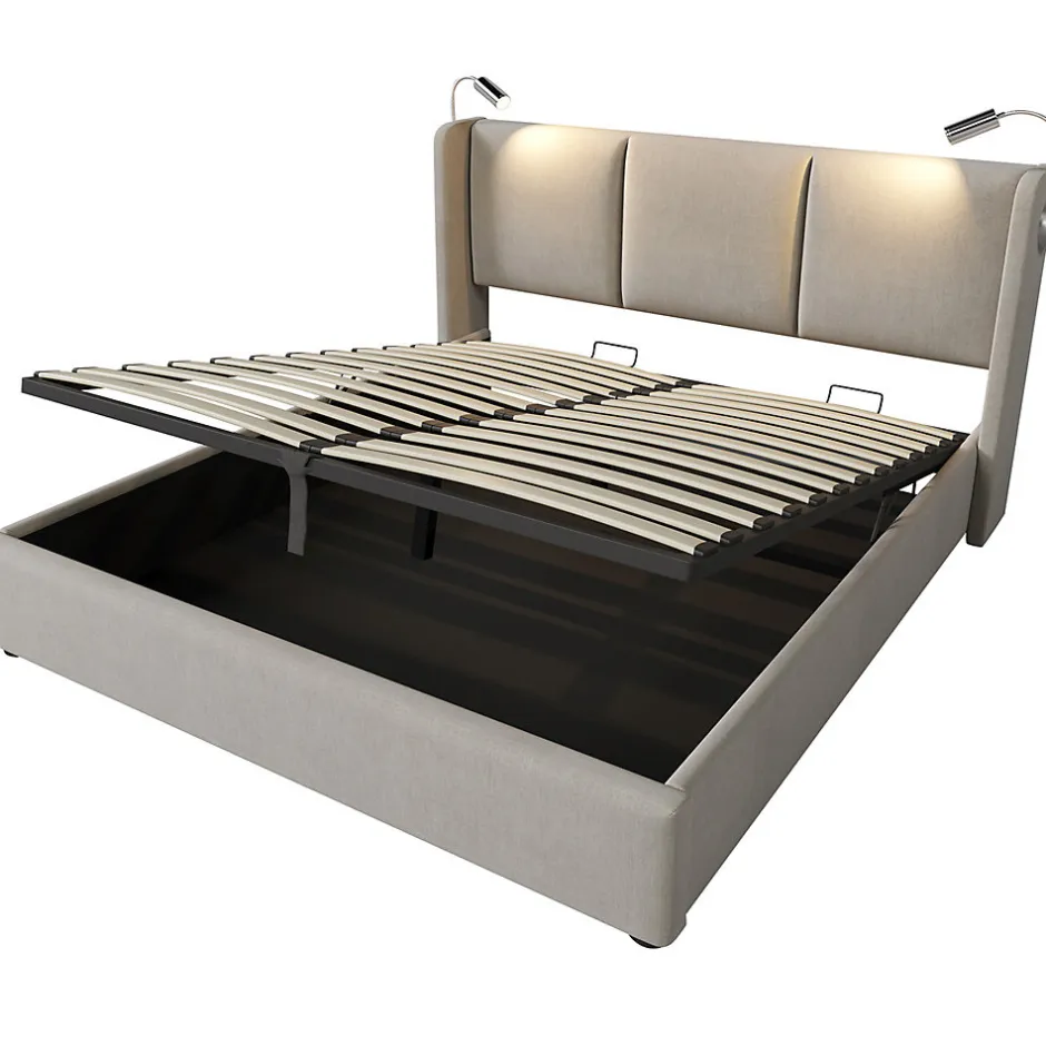 Gutent Lit rembourré 160x200cm lit de rangement lit lampe de lecture lit tête de lit avec fonction de chargement usb lit double lin beige