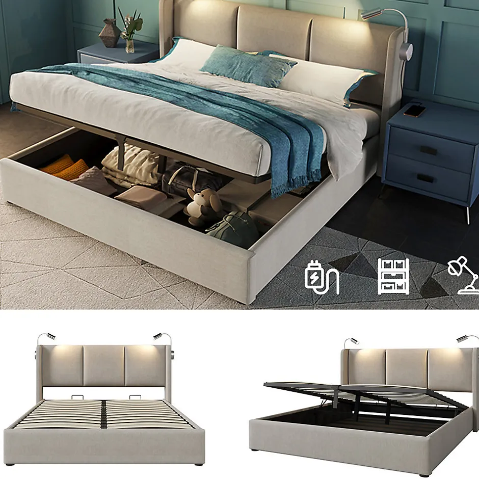 Gutent Lit rembourré 160x200cm lit de rangement lit lampe de lecture lit tête de lit avec fonction de chargement usb lit double lin beige