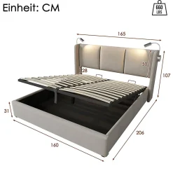 Gutent Lit rembourré 160x200cm lit de rangement lit lampe de lecture lit tête de lit avec fonction de chargement usb lit double lin beige