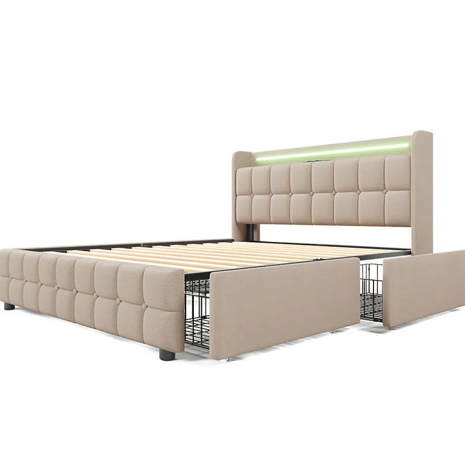 Gutent Lit rembourré 140x200cm lit de rangement lit 4 tiroirs lit éclairage led lit sommier à lattes en bois lit double lin beige