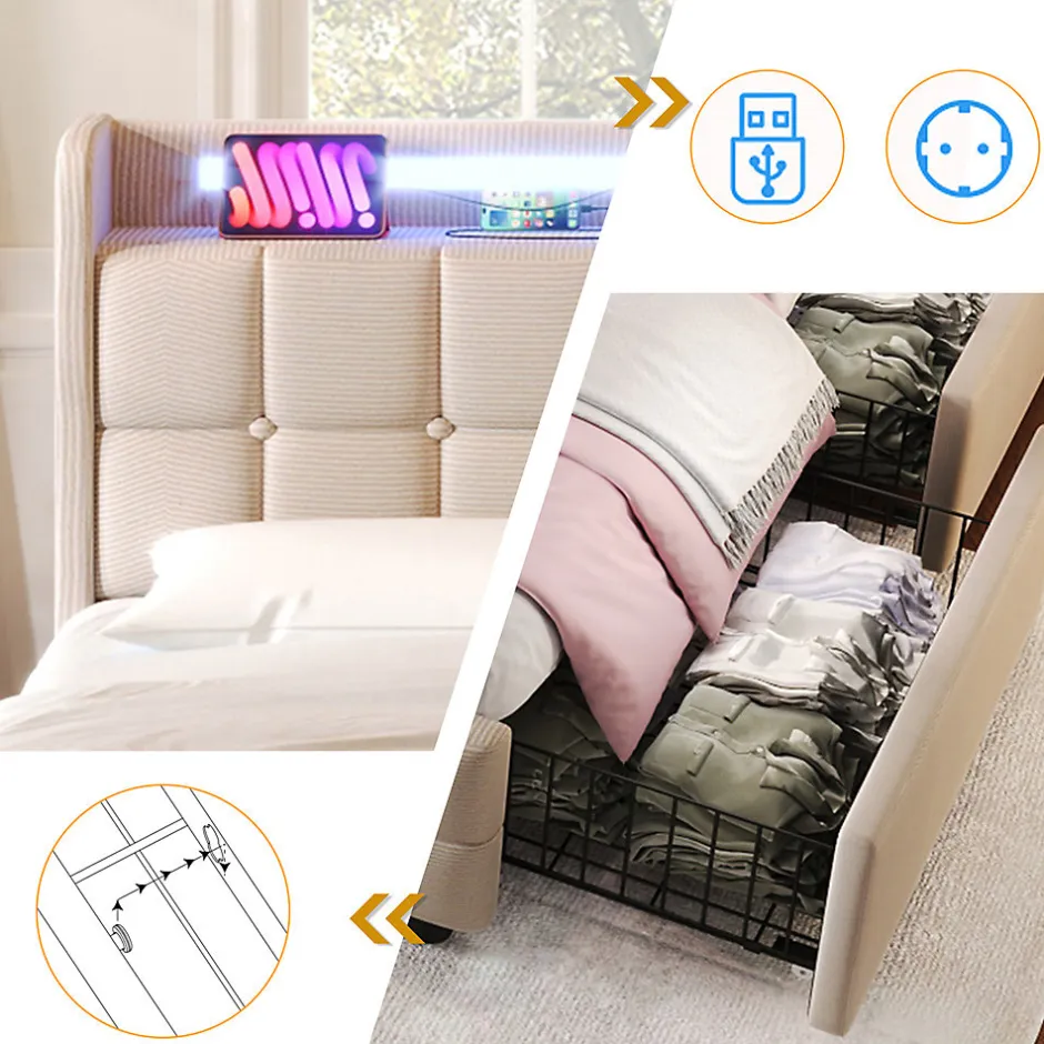 Gutent Lit rembourré 140x200cm lit de rangement lit 4 tiroirs lit éclairage led lit sommier à lattes en bois lit double lin beige