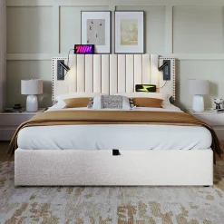 Gutent Lit rembourré 160x200cm, lit de rangement avec sommier à lattes, lumière de lecture et fonction de chargement usb, coton, beige Hot