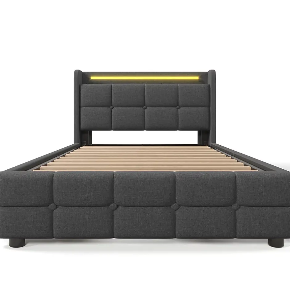 Gutent Lit rembourré 90x200cm lit de rangement lit 2 tiroirs lit éclairage led lit sommier à lattes en bois Single lin gris Online