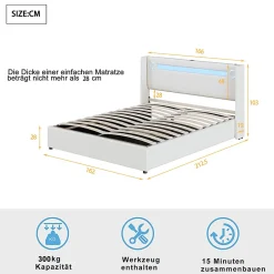 Gutent Lit rembourré 160x200cm lit sommier à lattes lit barre lumineuse à led lecteur bluetooth et recharge usb lit double cuir pu blanc