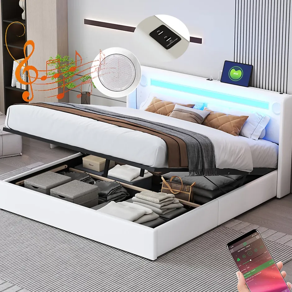 Gutent Lit rembourré 160x200cm lit sommier à lattes lit barre lumineuse à led lecteur bluetooth et recharge usb lit double cuir pu blanc