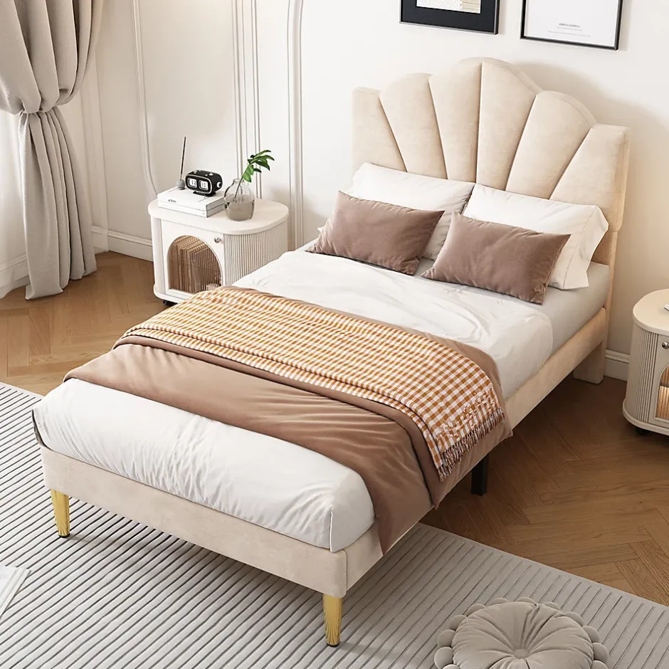 Gutent Lit rembourré 90x200cm lit sommier à lattes en bois lit des pieds de fer dorés lit de rangement banc Single velours beige Clearance