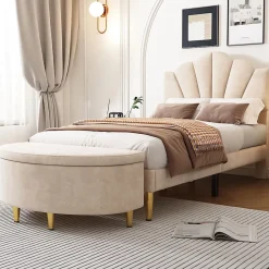 Gutent Lit rembourré 90x200cm lit sommier à lattes en bois lit des pieds de fer dorés lit de rangement banc Single velours beige Clearance
