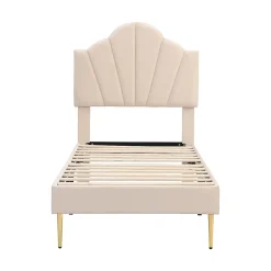 Gutent Lit rembourré 90x200cm lit sommier à lattes en bois lit des pieds de fer dorés lit de rangement banc Single velours beige Clearance