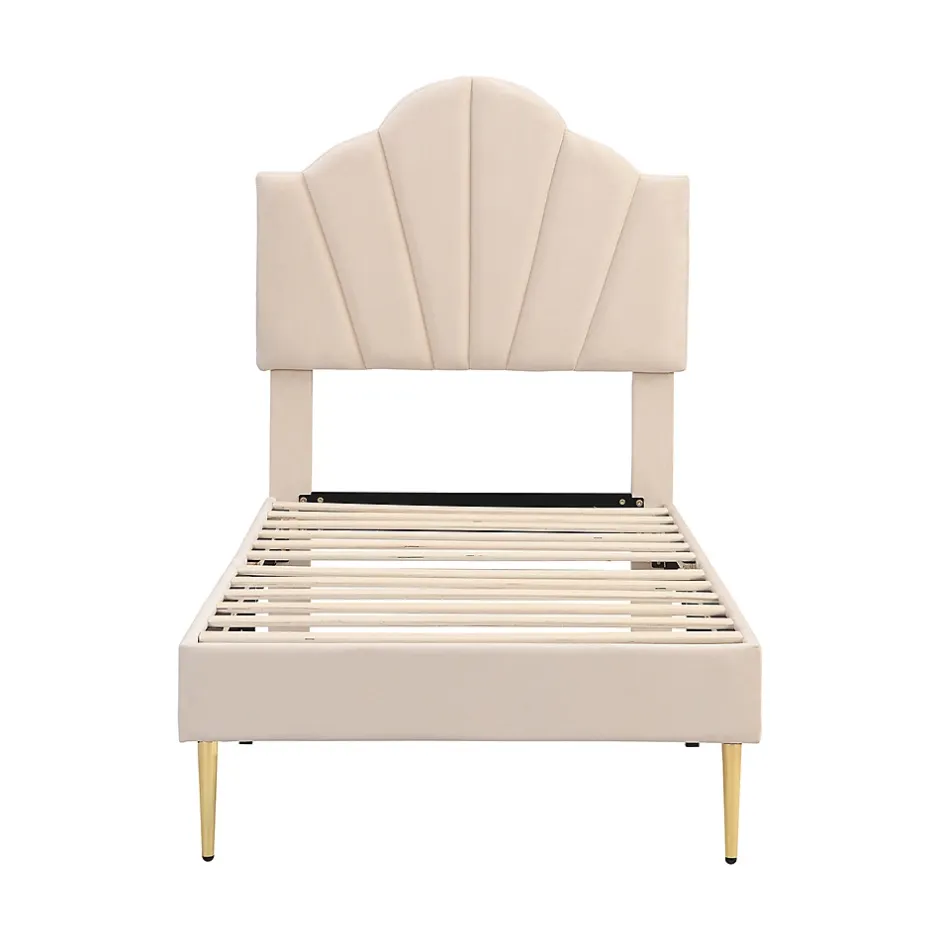 Gutent Lit rembourré 90x200cm lit sommier à lattes en bois lit des pieds de fer dorés lit de rangement banc Single velours beige Clearance