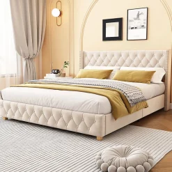 Blackcolors Lit Rembourré 180X200Cm Velours Bois Beige Clearance