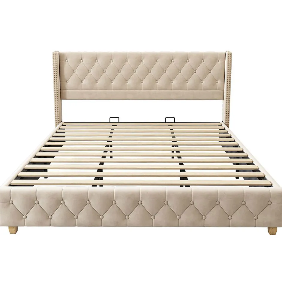 Blackcolors Lit Rembourré 180X200Cm Velours Bois Beige Clearance